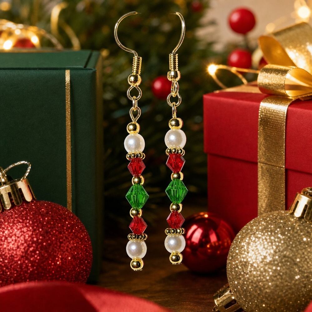 Sparkly Holiday Glass Pearl & Bicone Gold Plated Fishhook Earrings #C54